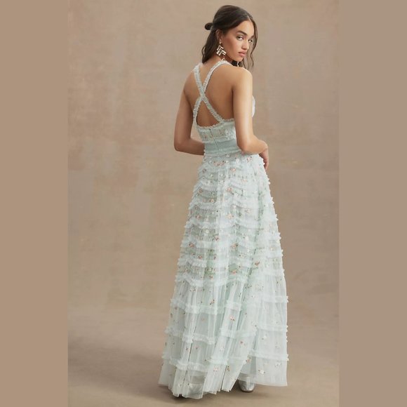 NEW Mac Duggal Size 8 Ruffled Cross-Back Smock-Waist Floral Embroidered Gown - Picture 4 of 5